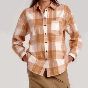 Brown and White Plaid Button-Up Shirt